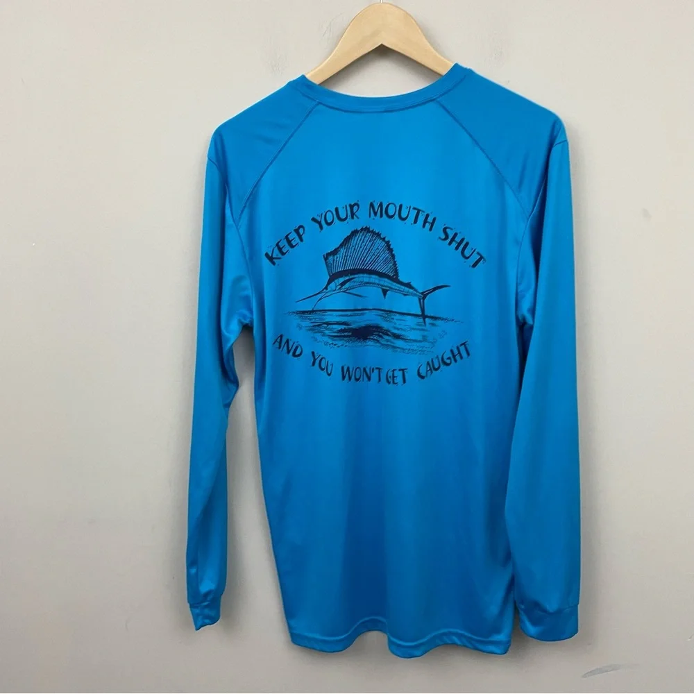 Mens sun shirt blue Marlin fishing shirt size M santa rosa beach florida long sl